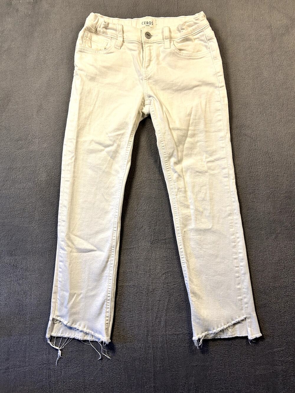 Ceros Size 14 Girls Off White Cream Raw Released Hem Straight Leg Denim Jeans